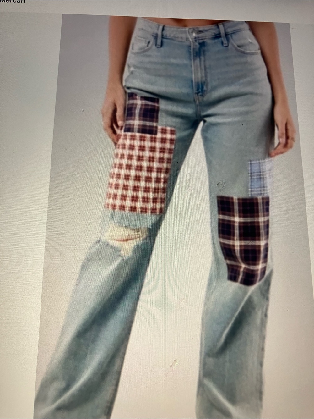 Holster Patchwork Light Wash Women plaid fabric wide leg Jeans